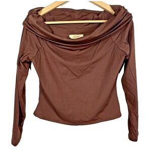 Qinsen Brown Draped Cowl Neck Long Sleeve Top Size Large Neutral Minimalist